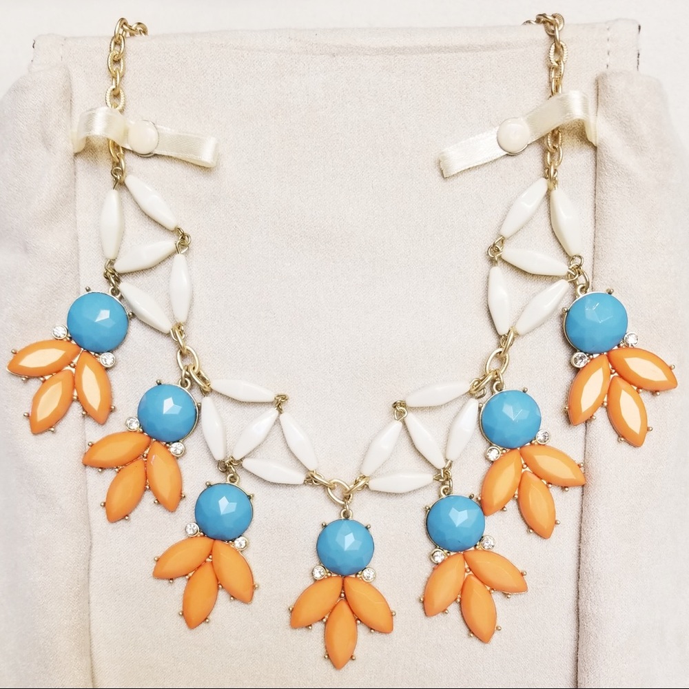 Orange, blue, white and gold statement necklace
